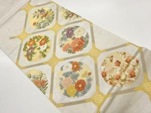 引箔格天井に花々・丸文模様織出し袋帯